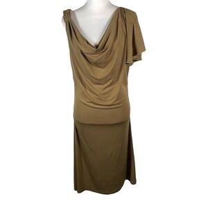 Calvin Klein Olive Green Patternless Cowl Neck Ruched One Sleeve Dress S